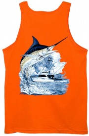 Guy Harvey Marlin Boat Back-Print Tank Top in Orange or Carolina Blue