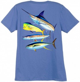 Guy Harvey Foursome  Back-Print Ladies Tee with Front Signature in Iris or Yellow