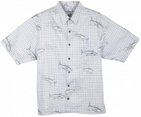 Guy Harvey Tuna Plaid Woven, Aloha-Style Shirt in White/Blue