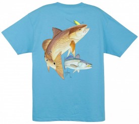 Guy Harvey  Redfish Seatrout Back-Print Tee w/ Pocket in White, Stonewashed Green, Black, Aqua Blue or Yellow