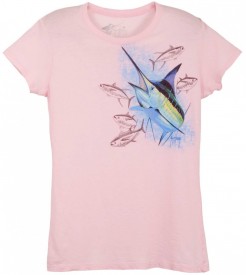 Guy Harvey Marlin Yellowfin Front-Print Junior Ladies Tee in Pink