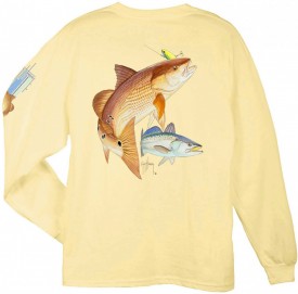  Guy Harvey Redfish Seatrout  Back-Print Long Sleeve Tee in Yellow or Smoke Gray