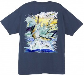 Guy Harvey Island Marlin Men's Back-Print Tee w/ Pocket in Navy Blue, Denim Blue, Yellow or White