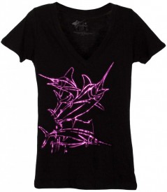 Guy Harvey Brushstroke Slam V-Neck Front-Print Junior Ladies Tee in Black or Raspberry