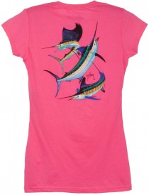 Guy Harvey Grand Slam Back-Print Junior Ladies Tee with Front Faux Pocket in Raspberry or Yellow