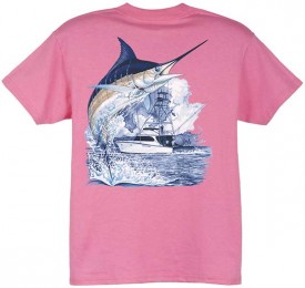 Guy Harvey Marlin Boat Youth Tee Shirt in Dark Pink, Lime, Denim Blue or Yellow