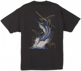 Guy Harvey Swordfish Strike Back-Print Tee in Black, Denim or White
