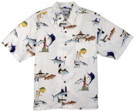 Guy Harvey Florida Lighthouse Woven, Aloha-Style Shirt in White