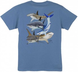 Guy Harvey Shark Collage Youth Tee Shirt in  Denim Blue, White or Red