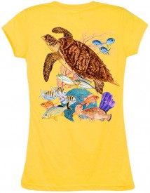 Guy Harvey  Hawksbill Reef Back-Print Junior Ladies Tee with Front Faux Pocket in Black, Raspberry or Yellow