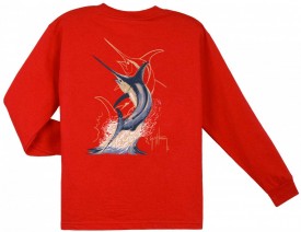 Guy Harvey Swordfish Strike Long Sleeve Youth Tee Shirt in Red, White or Navy