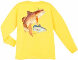 Guy Harvey Redfish Seatrout  Long Sleeve Youth Tee Shirt in Yellow or Navy