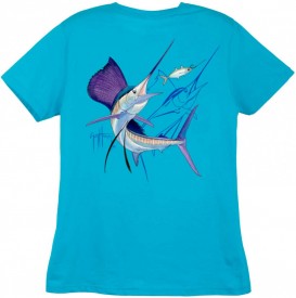 Guy Harvey Sailfish Dash  Back-Print Ladies Tee with Front Signature in Mint, Caribbean Blue or Yellow