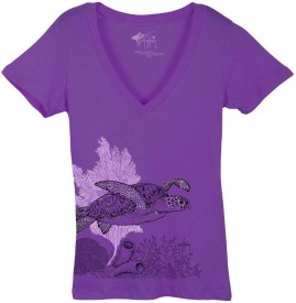 Guy Harvey In My World Front-Print Junior Ladies Tee with V-Neck in Purple