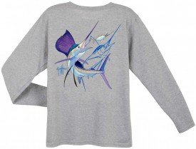 Guy Harvey Sailfish Dash Back-Print Long Sleeve Ladies Tee with Front Signature in Athletic Heather or Black