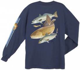 Guy Harvey Redfish Two Seatrout Back-Print Long Sleeve Tee in Navy Blue