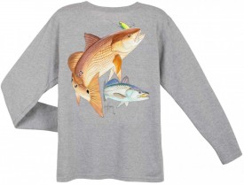 Guy Harvey Redfish Seatrout Back-Print Long Sleeve Ladies Tee with Front Signature in Athletic Heather