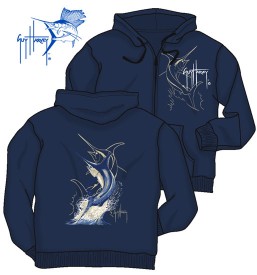 Guy Harvey Swordfish Strike Men's Front & Back-Printed Fleece Hoodie in Navy Blue