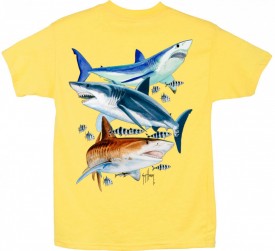 Guy Harvey 3 Sharks Youth Tee Shirt in Yellow, Royal Blue, Red or Lime