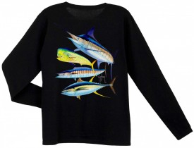 Guy Harvey Foursome Back-Print Long Sleeve Ladies Tee with Front Signature in Athletic Heather or Black