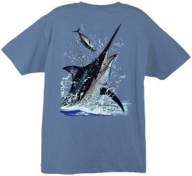 Guy Harvey Black Marlin Toss Men's Back-Print Tee w/ Pocket in Denim Blue, Yellow or White