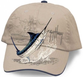 Guy Harvey Marlin Boat Brushed Cotton Twill Structured Hat in Natural or Denim Blue