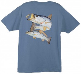 Guy Harvey Seatrout with Shrimp Back-Print Tee w/ Pocket in Denim Blue, Graphite or Stonewashed Green
