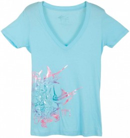 Guy Harvey Hibiscus Marlin Front-Print Junior Ladies Tee with V-Neck in Cancun or White