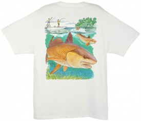 Guy Harvey Redfish Boat Back-Print Tee w/ Pocket in White or Denim Blue