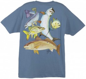 Guy Harvey  Inshore Collage Back-Print Tee w/ Pocket in Denim Blue, White, Yellow or Navy Blue
