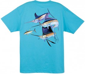Guy Harvey Trouble Men's Back-Print Tee w/ Pocket in Black, Yellow, White or Aqua Blue
