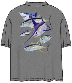 Guy Harvey Vintage Swordfish and Friends Back-Print w/ Pocket in Vintage Gray or Vintage Moss
