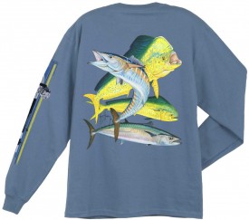 Guy Harvey Bull Dolphin, Wahoo, Kingfish  Back-Print Long Sleeve Tee in Denim Blue